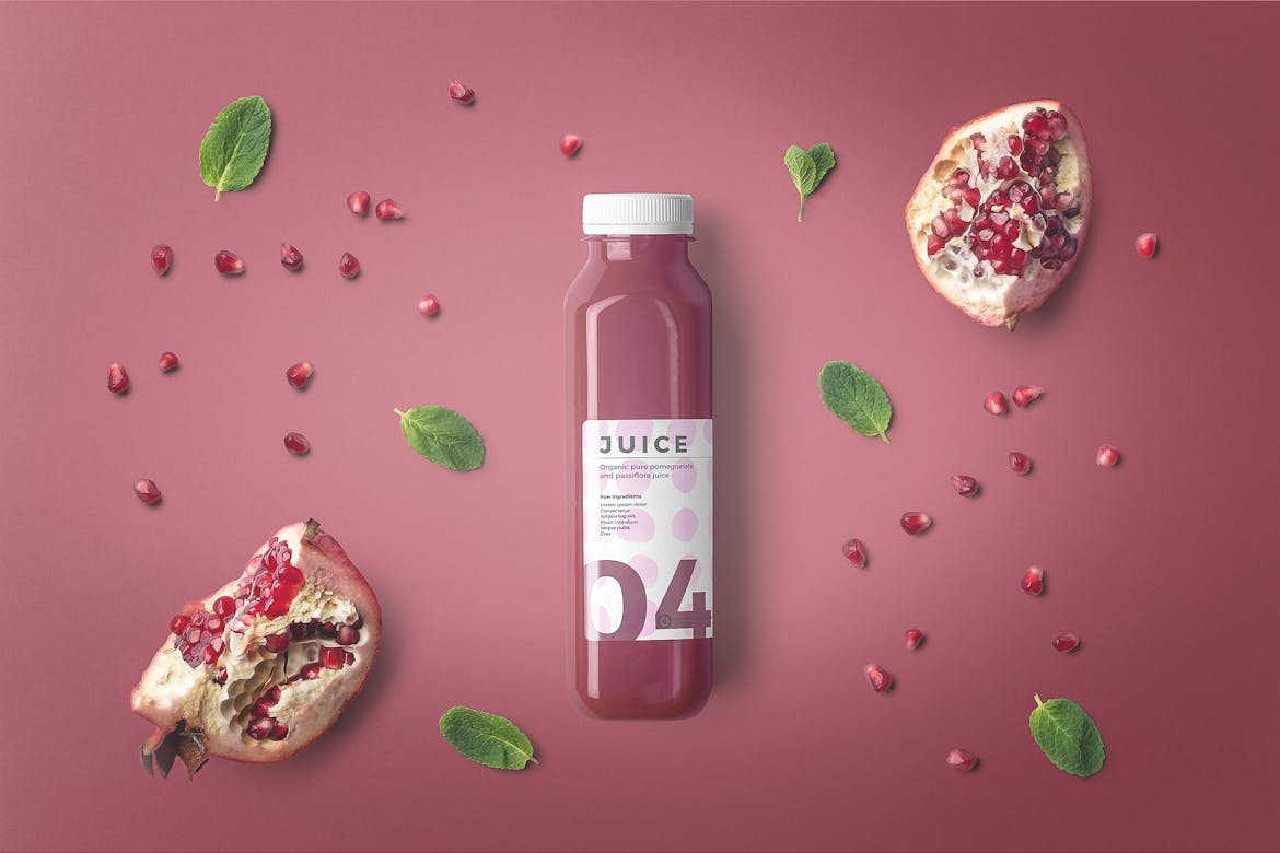Fruit Juice Bottle Mockup Top View Scene 03 Premium & Free PSD Mockup