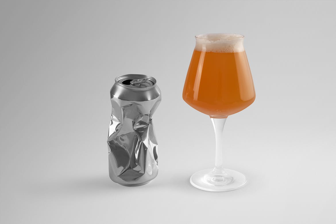 Crushed Craft Beer Can With Glass Mockup Scene 16