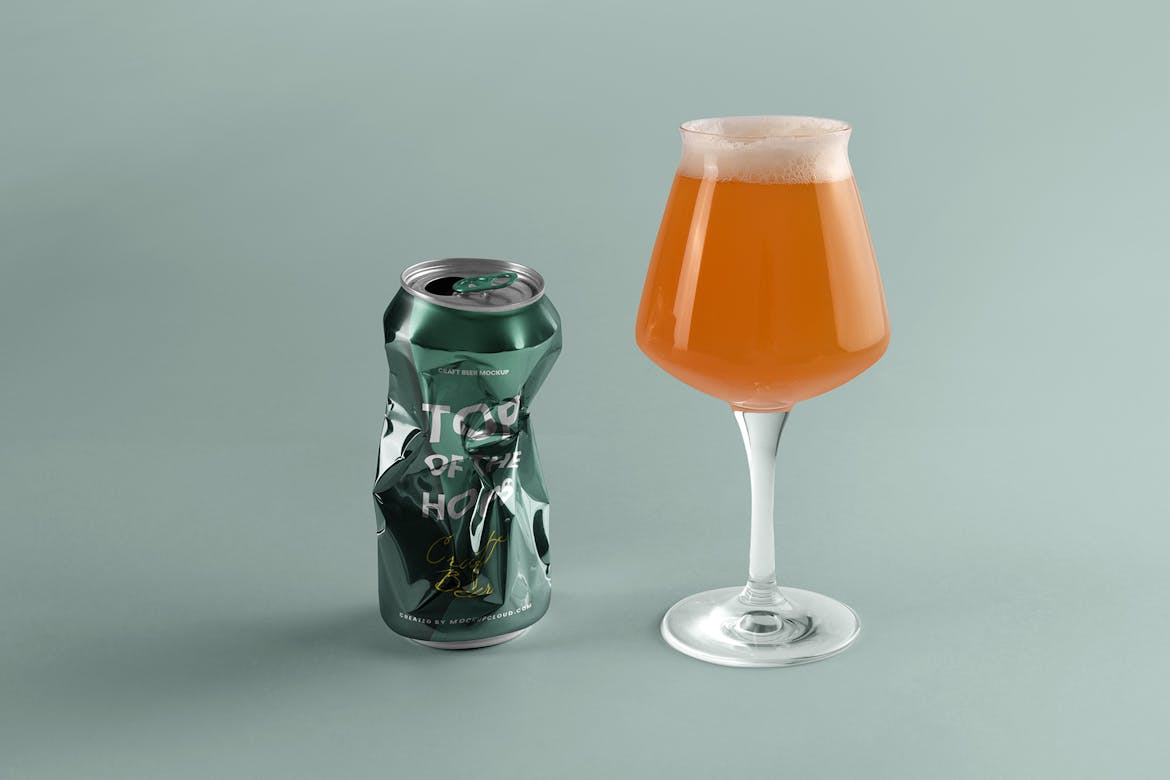 Crushed Craft Beer Can With Glass Mockup Scene 16