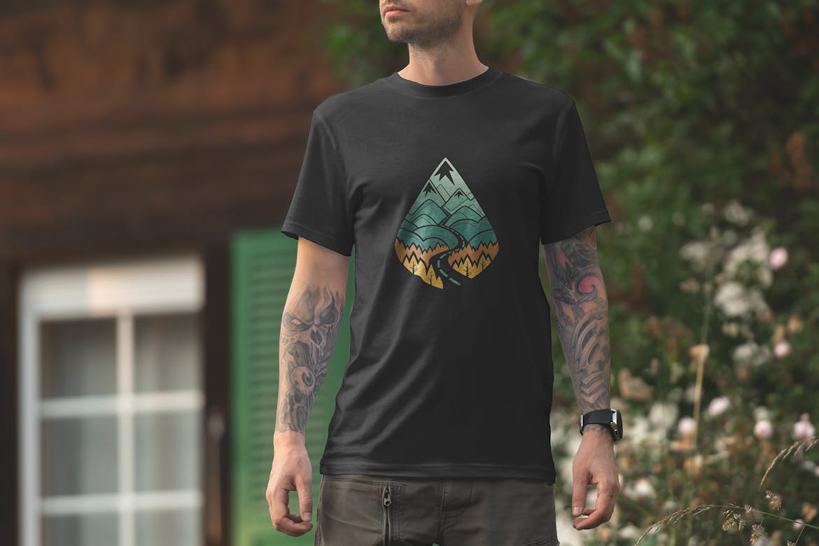 T-Shirt Mockup Male Model Alpine Scene 15 | Premium & Free Psd Mockup Store