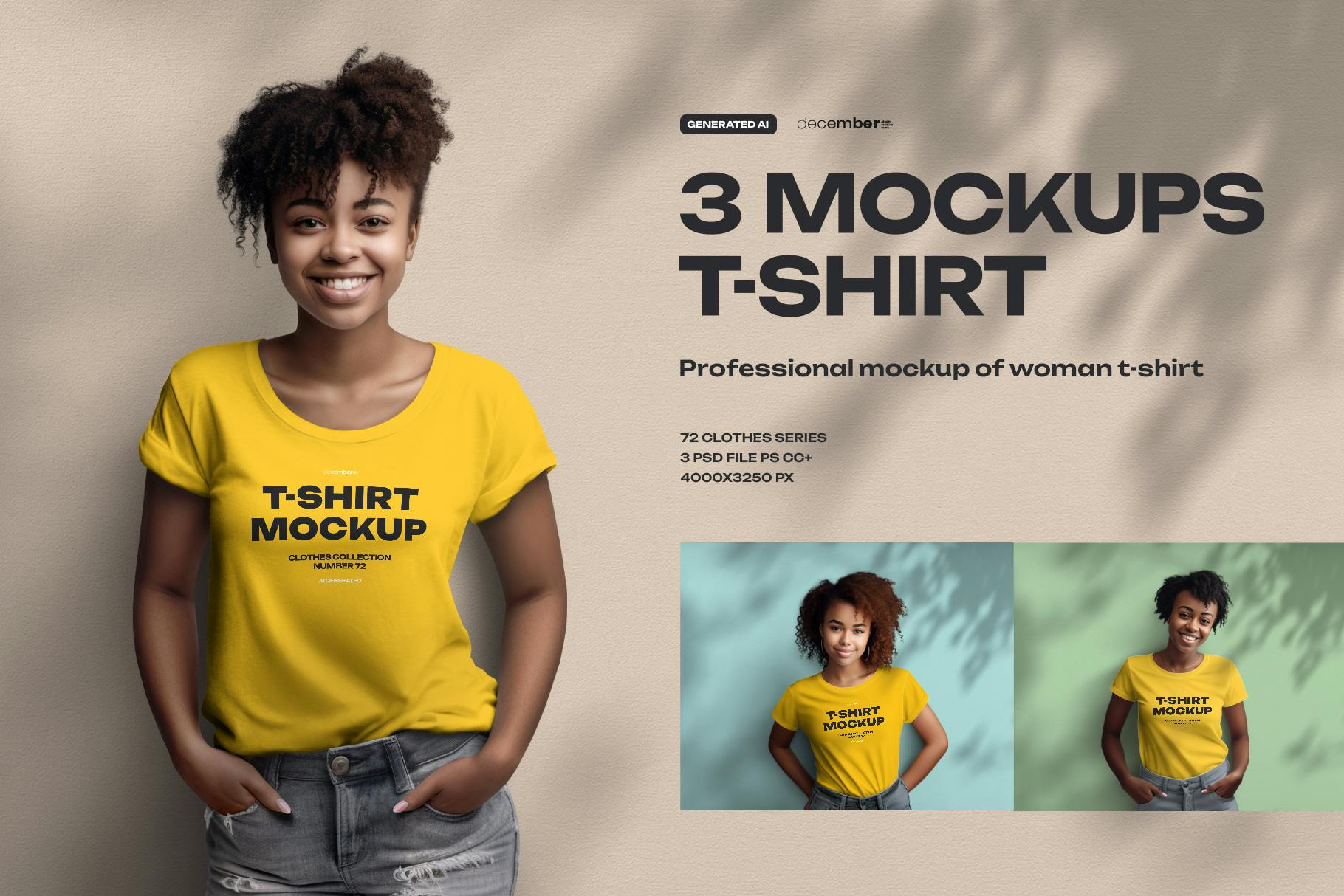 T shirt Mockups on 3 Different African American Women. Generated