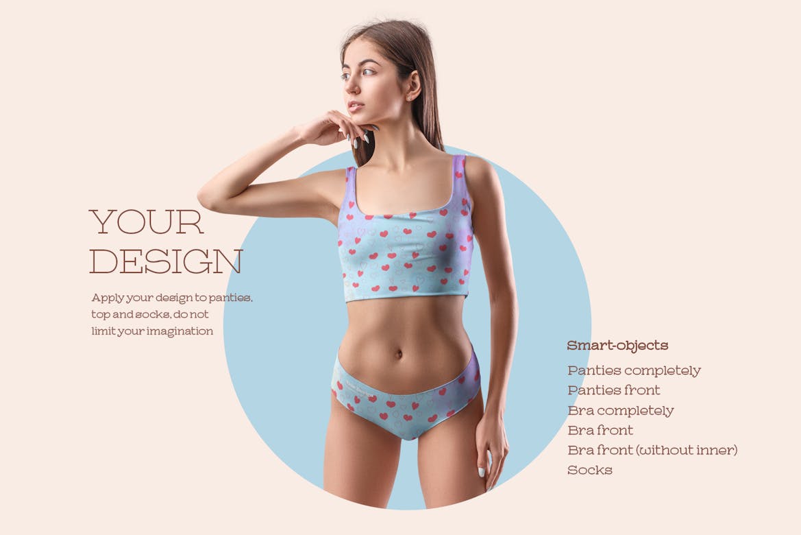 Premium PSD  Mockups woman underwear. top and panties. design is easy in  customizing images design top, panties, nails, top, panties, socks and  background.