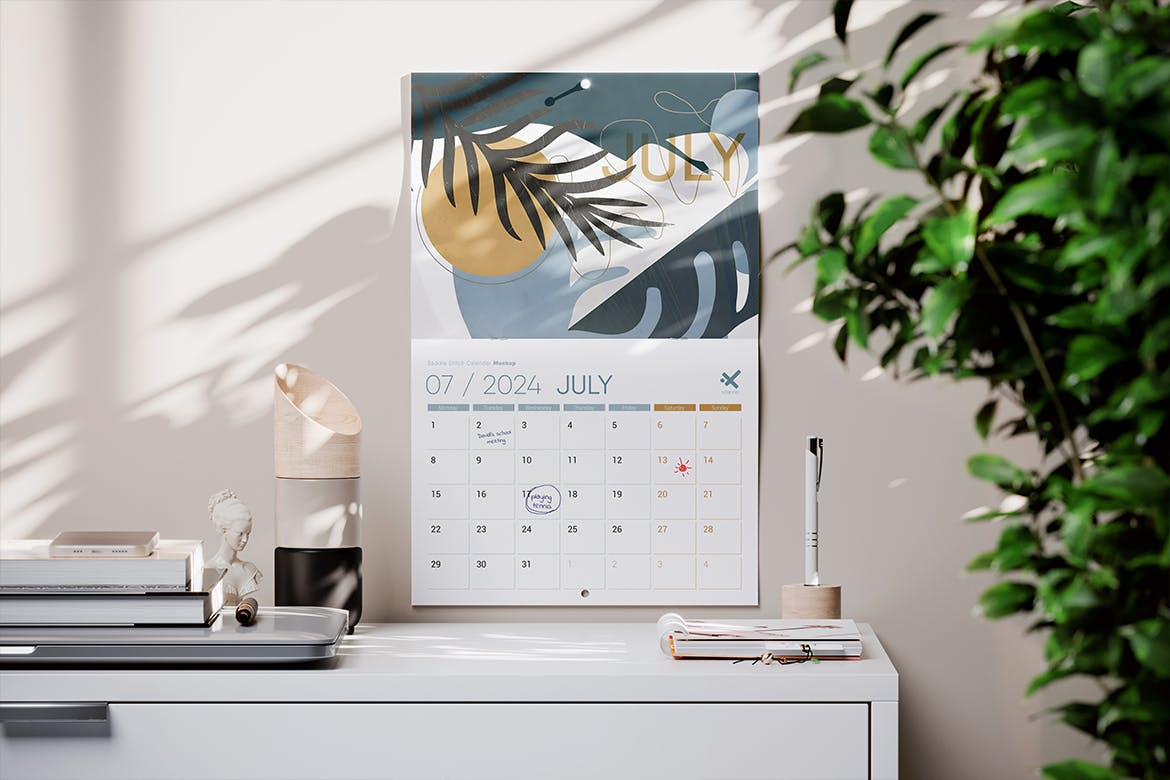 Saddle Stitch Calendar on the Wall Mockup Premium Free PSD Mockup Store